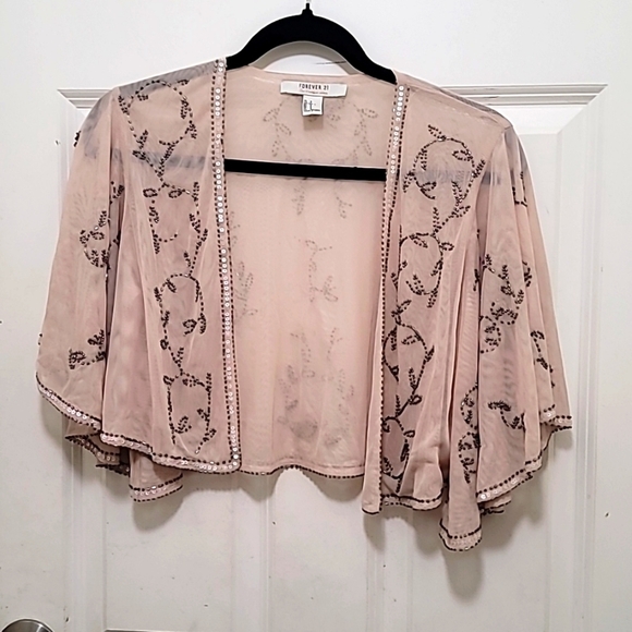 FOREVER 21 WOMEN'S CROPPED BEADED TAN CARDIGAN SIZE SMALL - Picture 1 of 7